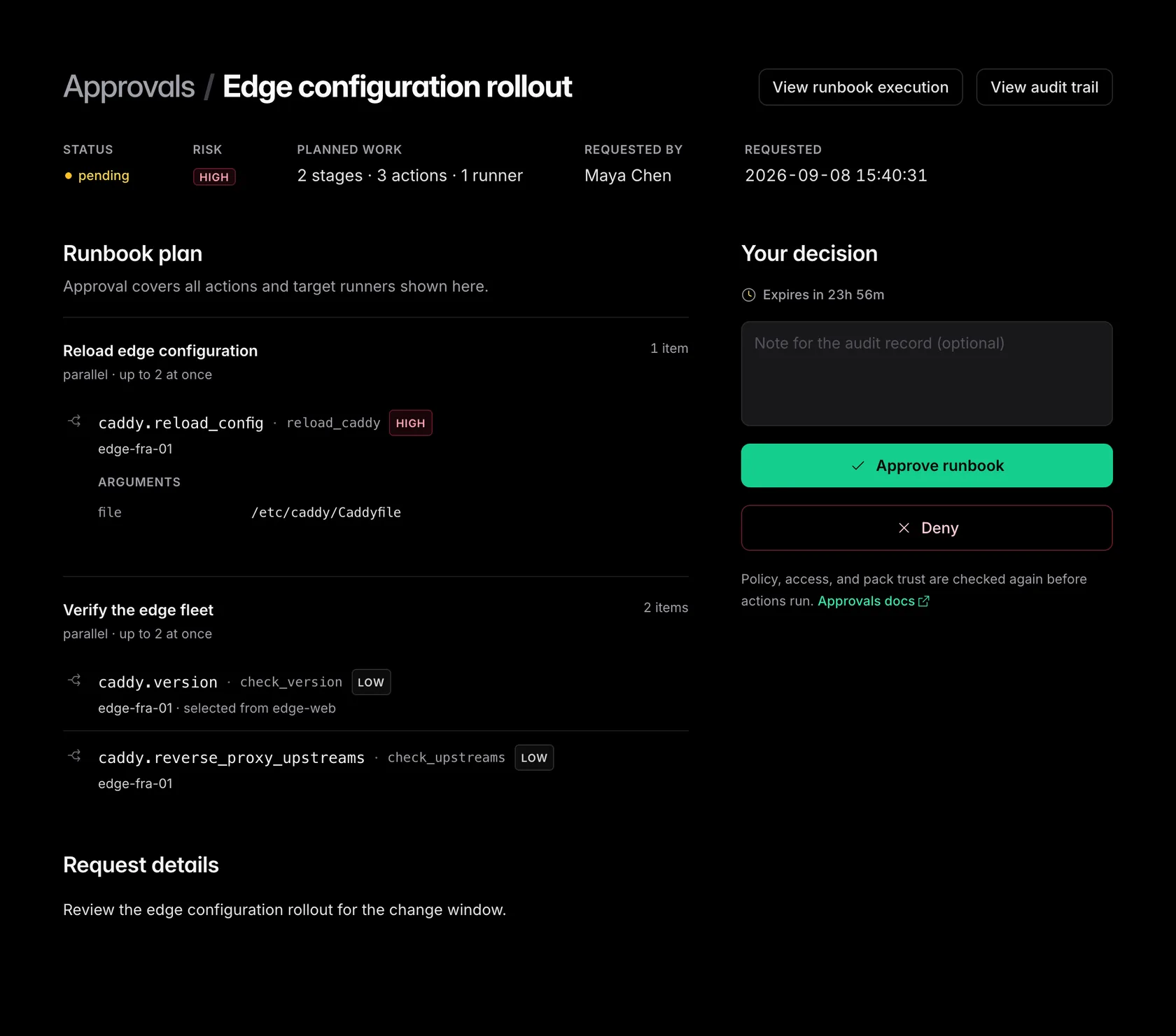 A pending Edge configuration rollout approval showing the frozen two-stage plan, Caddy actions, target runners, visible file argument, and run-level approve or deny decision.
