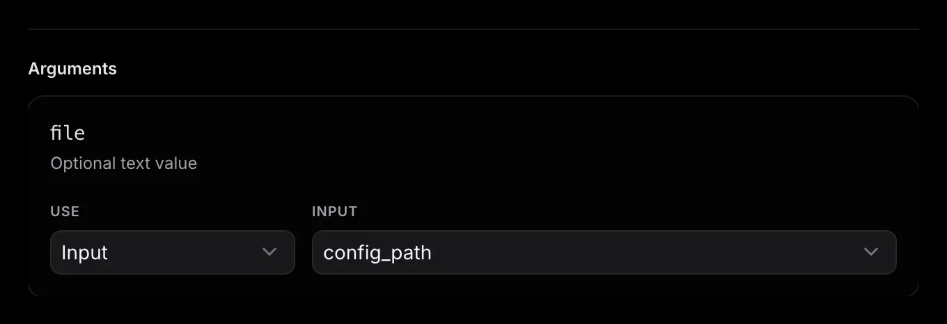 The Arguments section for the reload_caddy step showing the optional file JSON argument bound to the config_path run-time input.
