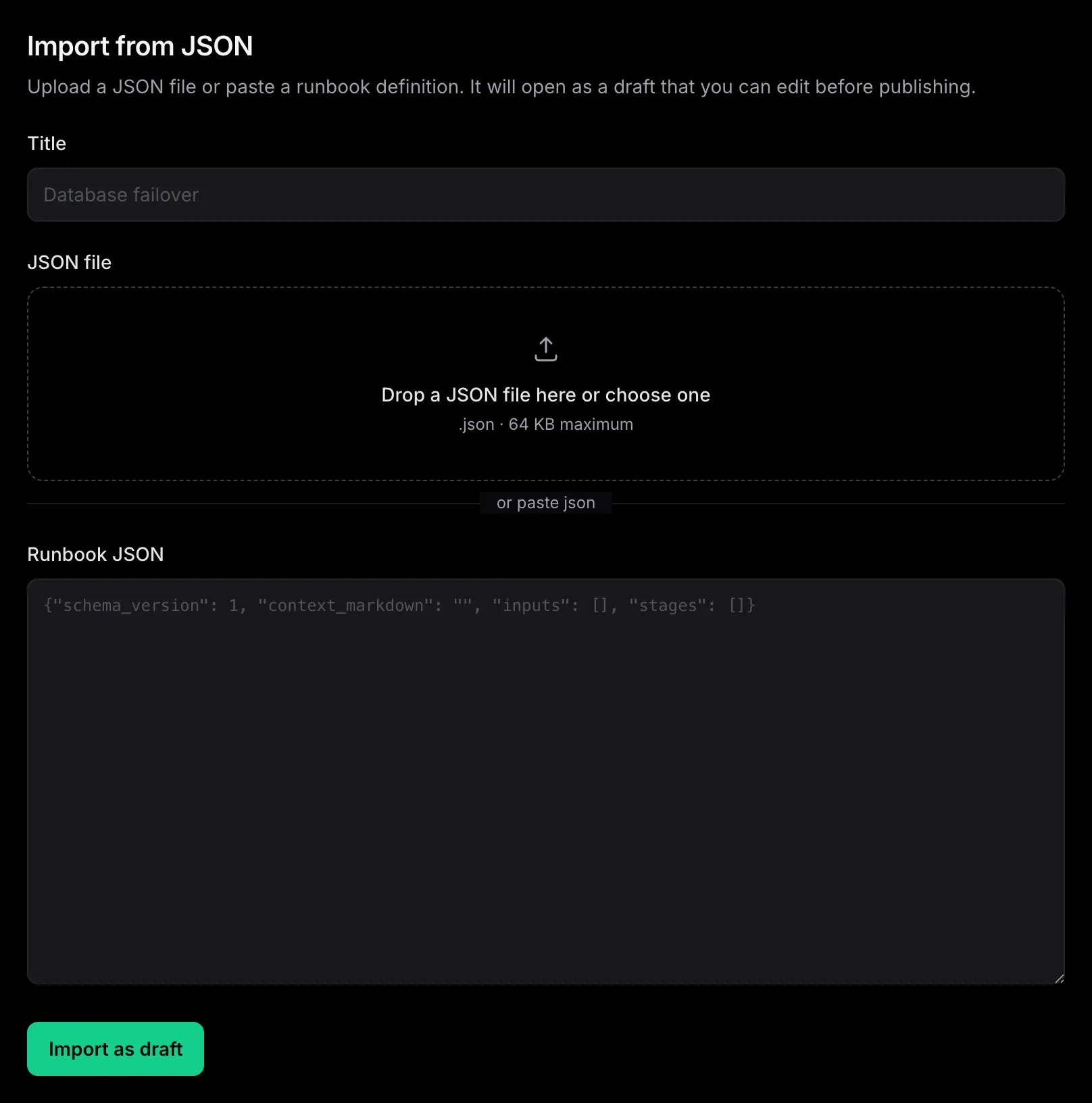 The emisar Import runbook page with a title field, JSON file drop area, canonical JSON text area, and Import as draft button.