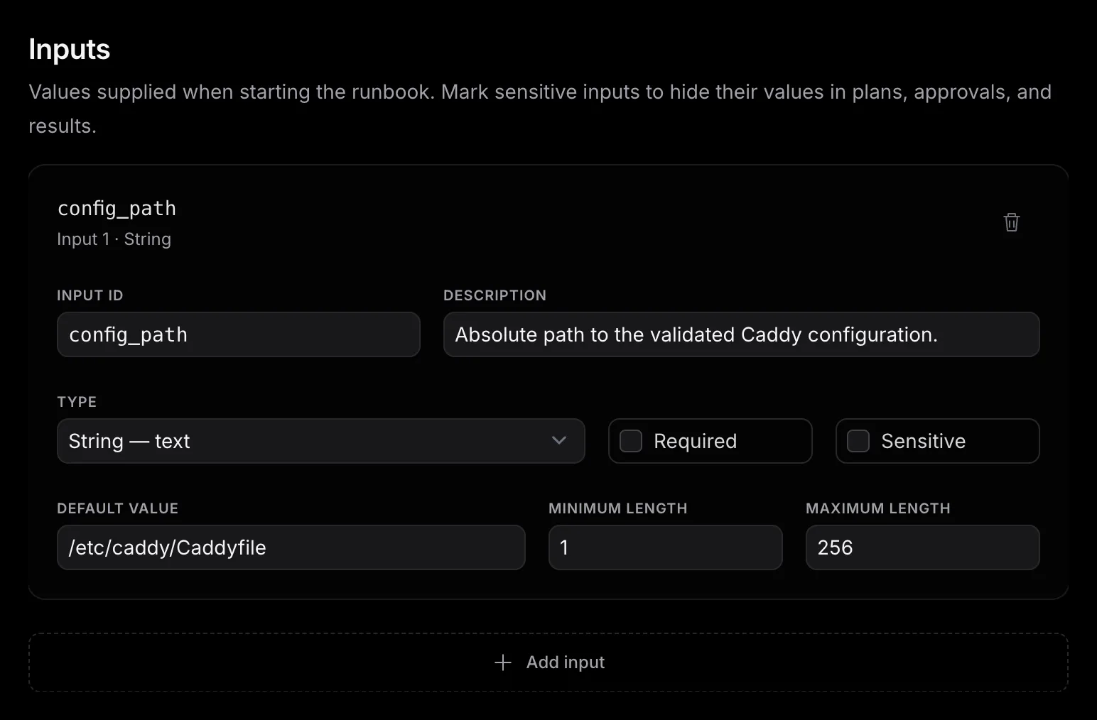 The Edge configuration rollout editor showing the config_path string input, its description, required and sensitive checkboxes, default value, and length bounds.