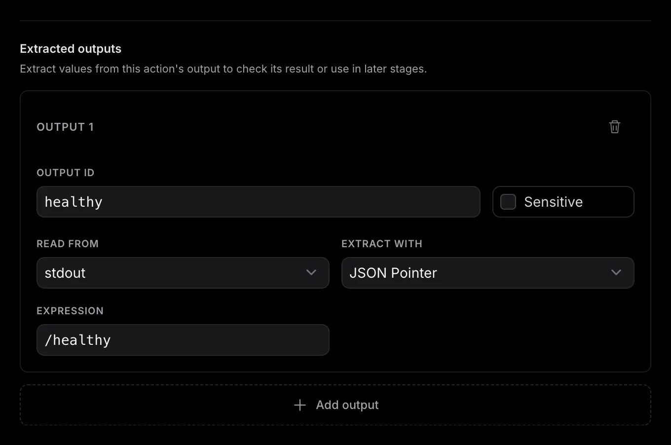 The Extracted outputs section for the check_upstreams step showing the healthy output read from stdout with JSON Pointer expression slash healthy.