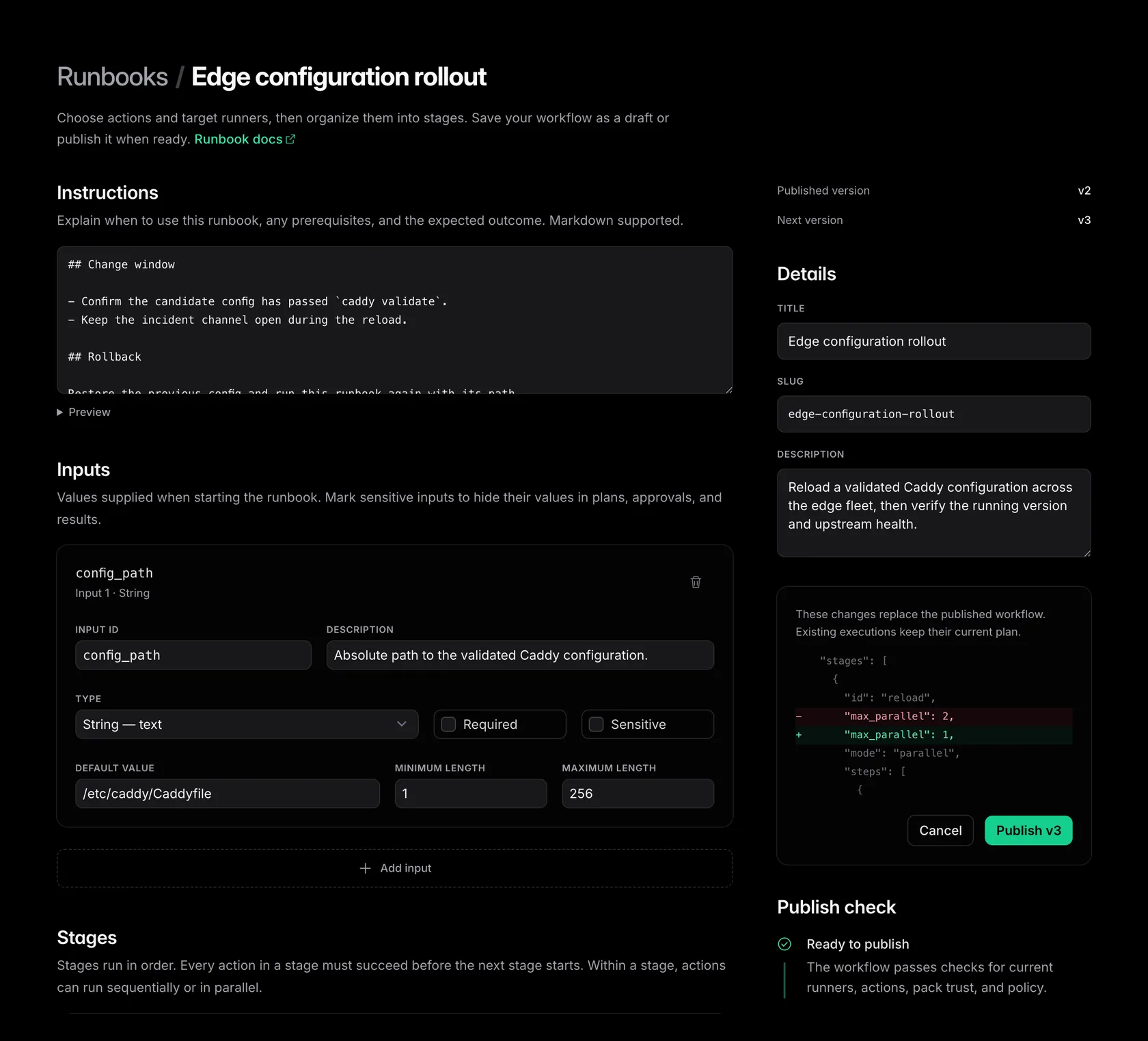 The publish confirmation for Edge configuration rollout showing a line diff against the live definition — the reload stage's concurrency changing from two to one — above Cancel and Publish v2 buttons.