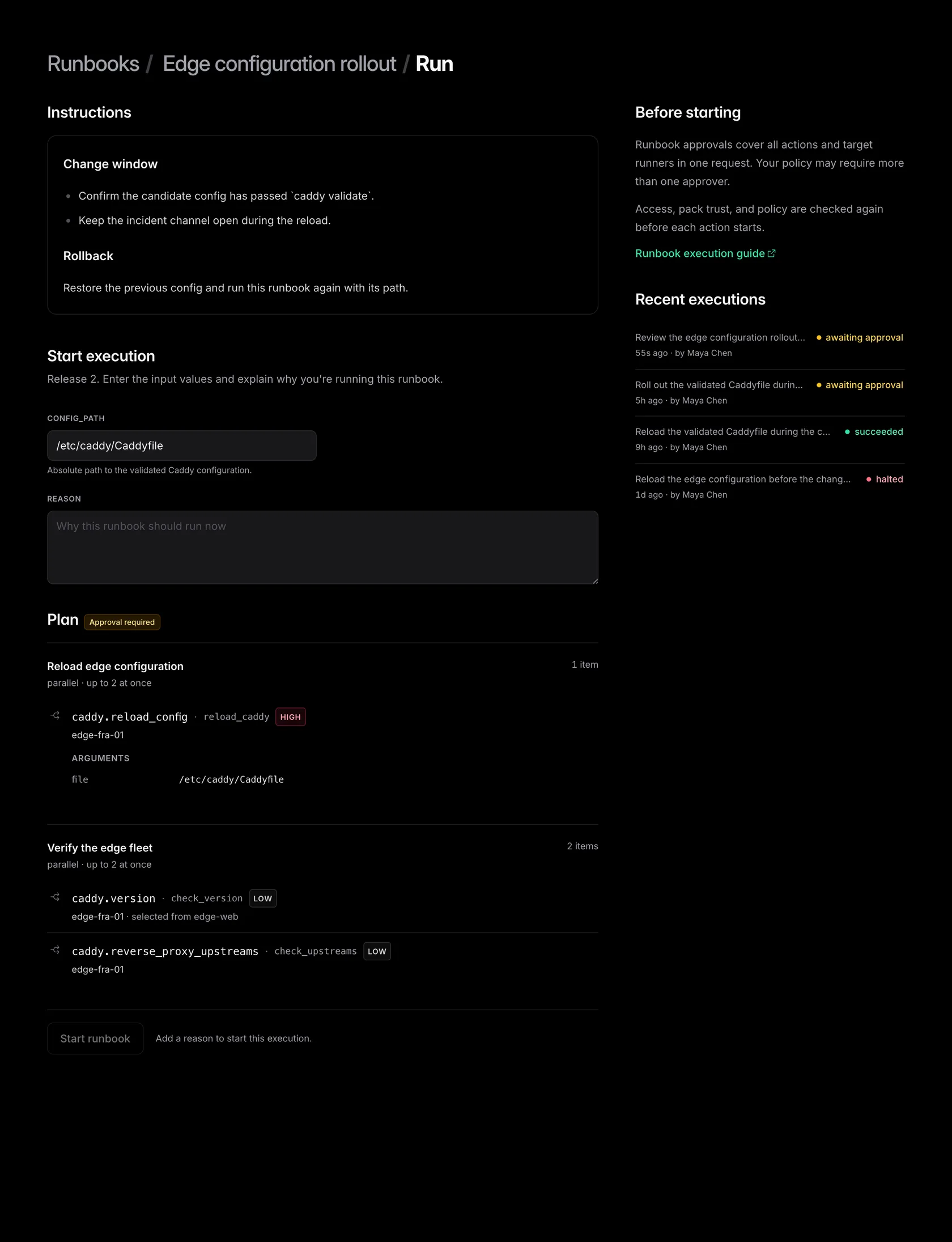 The Edge configuration rollout start page showing operator context, run-time values, the first plan stage, three actions, two stages, required run approval, and recent executions.