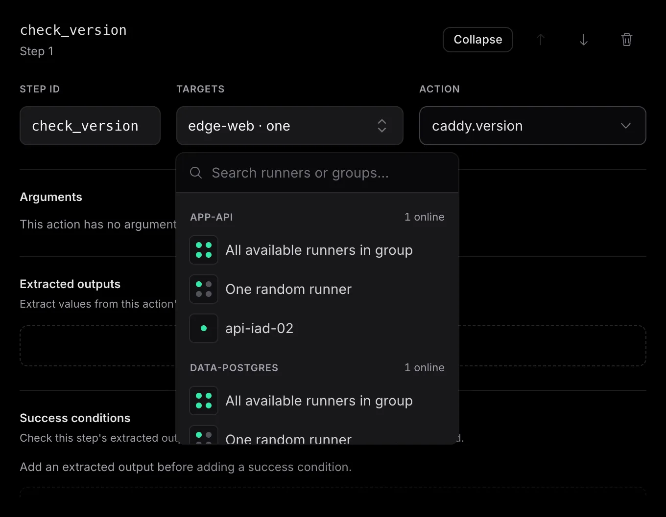 The target picker showing the app-api group with All available runners in group, One random runner, and api-iad-02 as peer choices.