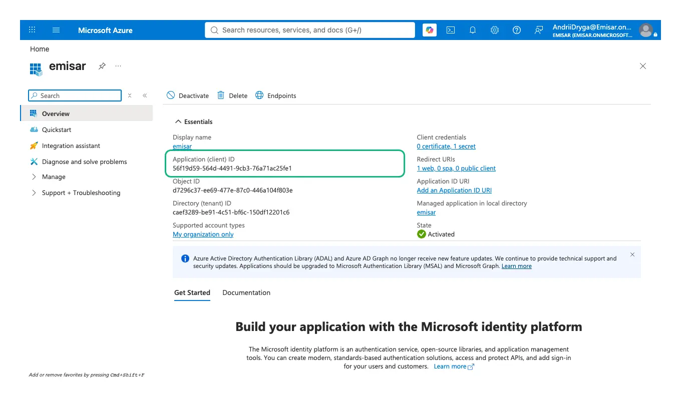 The emisar app registration's Overview blade with Application (client) ID outlined in green, alongside Object ID, Directory (tenant) ID, client credentials showing one secret, and one web redirect URI.