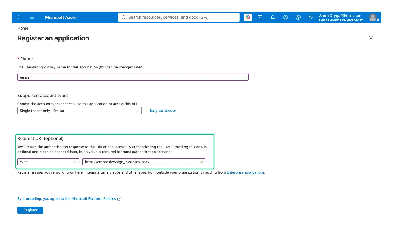 Entra's Register an application form with the name emisar, Supported account types set to Single tenant only, and the Redirect URI section outlined in green: its platform dropdown reads Web and the adjacent field holds https://emisar.dev/sign_in/sso/callback.