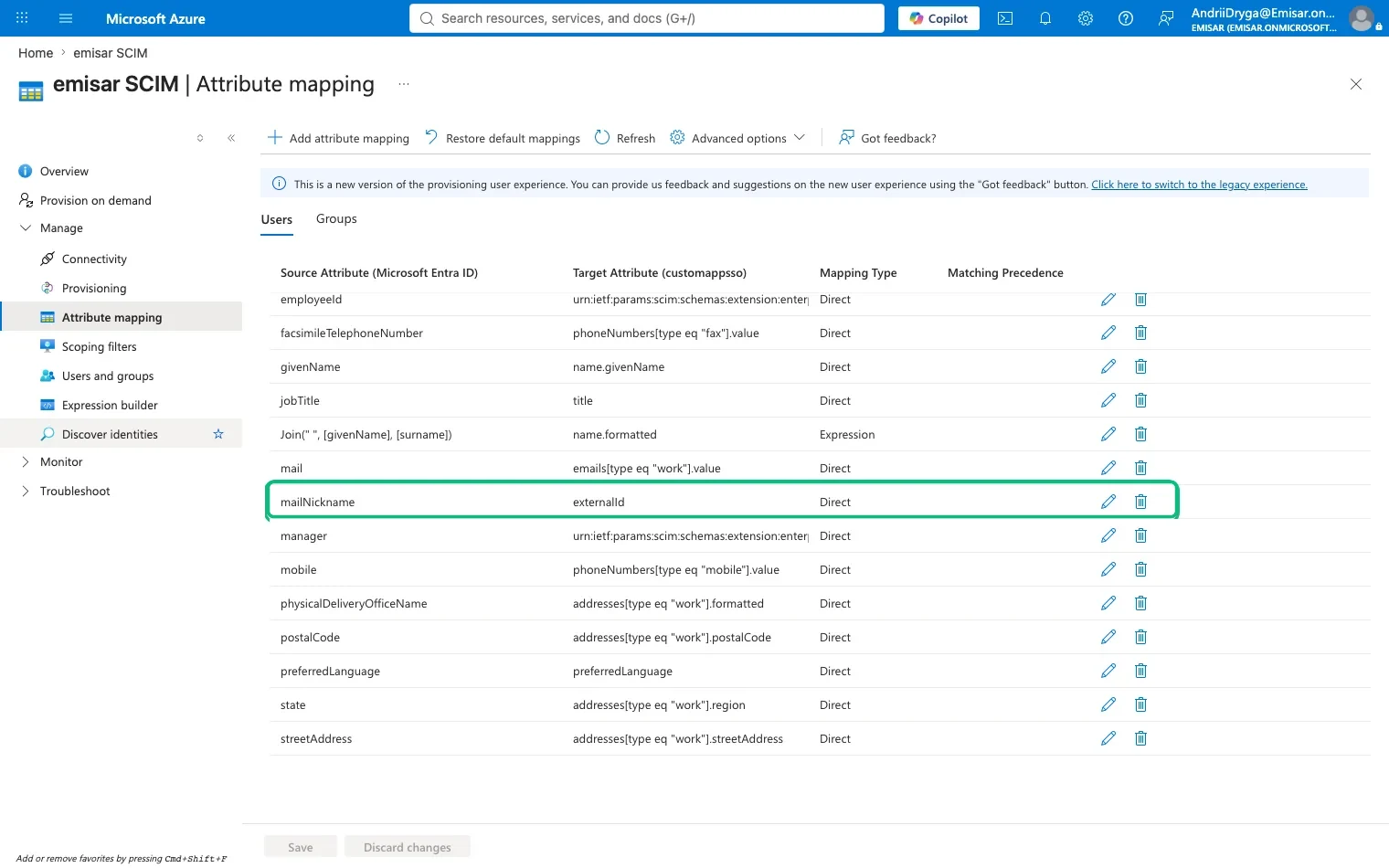 The emisar SCIM application's Attribute mapping list on the Users tab, with columns for Source Attribute, Target Attribute, Mapping Type and Matching Precedence. The row mapping mailNickname to externalId is outlined in green, among rows for givenName, jobTitle, mail, manager and others.