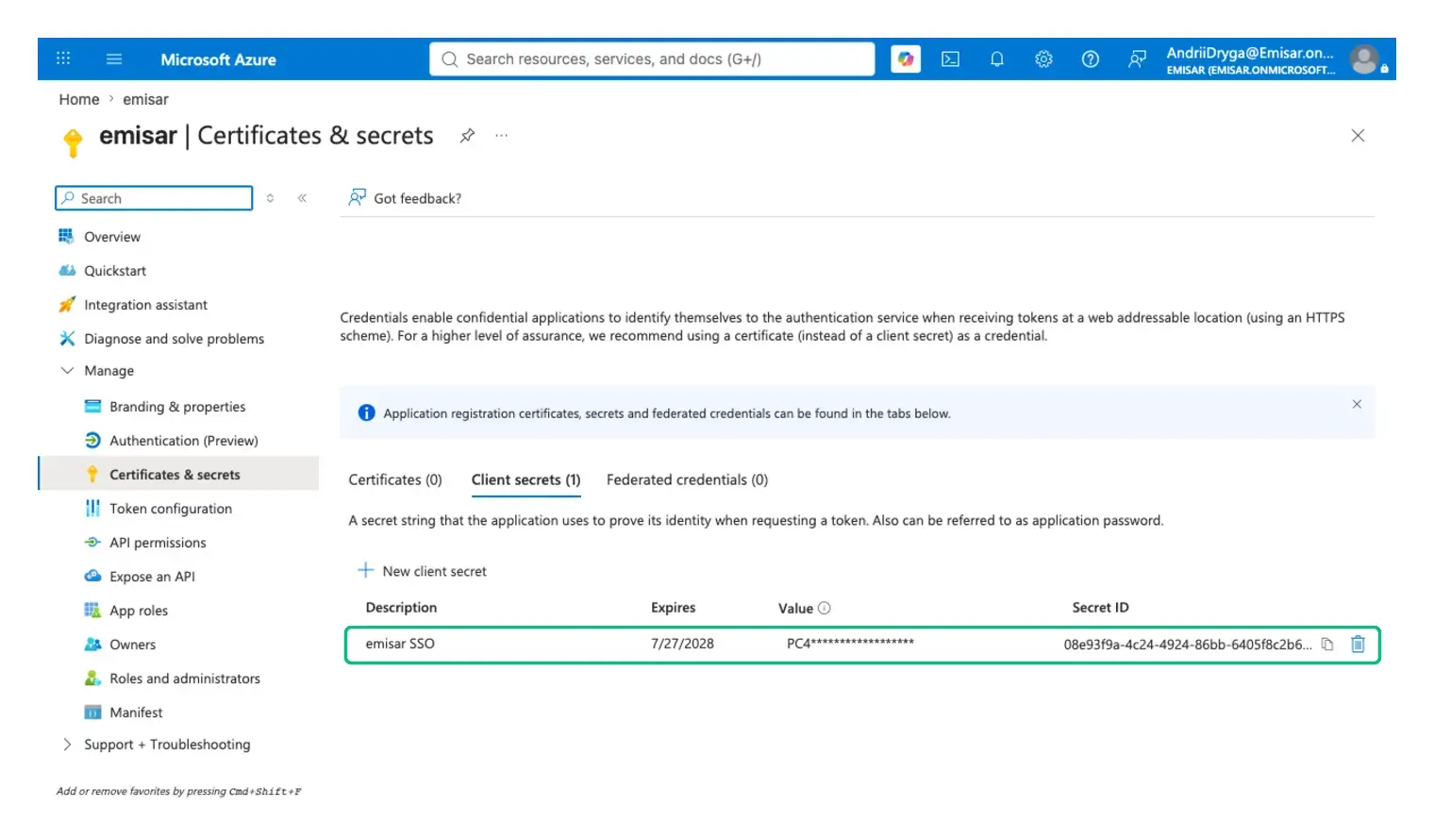 The app's Certificates and secrets blade, Client secrets tab, listing one secret named emisar SSO with an expiry date, a masked Value column, and a separate Secret ID column.