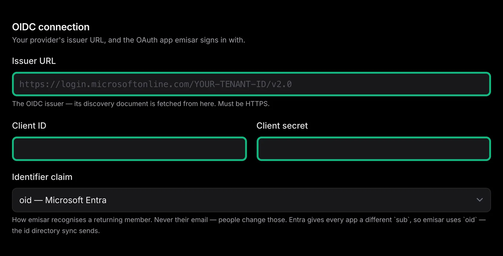emisar's OIDC connection fields with Issuer URL, Client ID and Client secret each outlined in green, the Issuer URL placeholder showing https://login.microsoftonline.com/YOUR-TENANT-ID/v2.0, and the Identifier claim reading oid — Microsoft Entra.