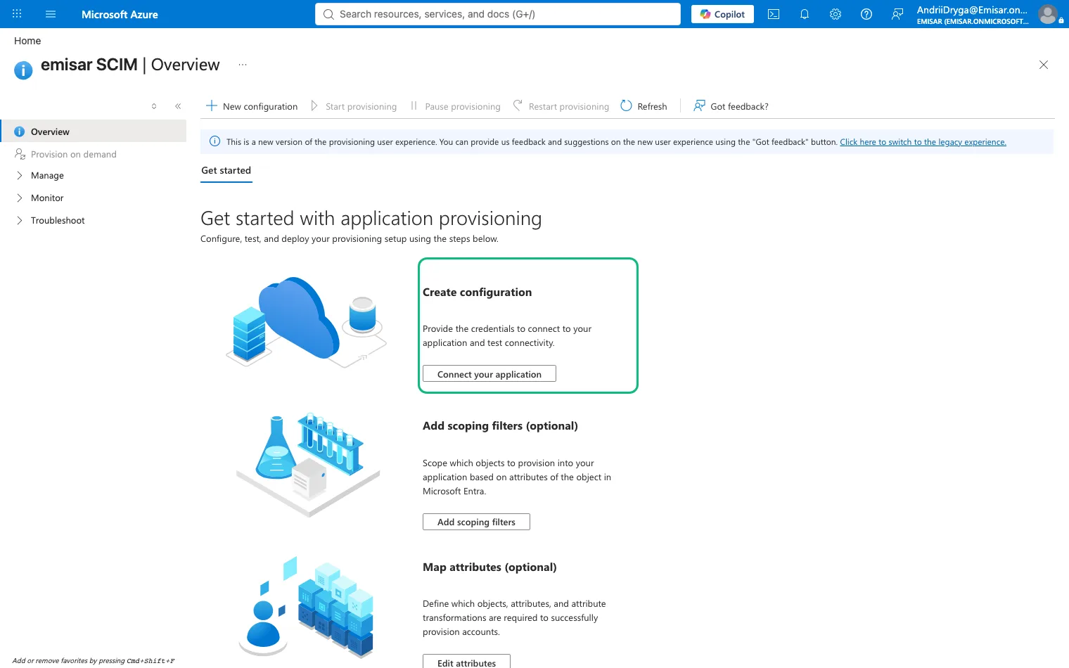 The emisar SCIM enterprise application's Provisioning overview in the Entra portal, offering New configuration, Start provisioning and Pause provisioning in its command bar, with a Get started panel whose Create configuration step, outlined in green, holds a Connect your application button.