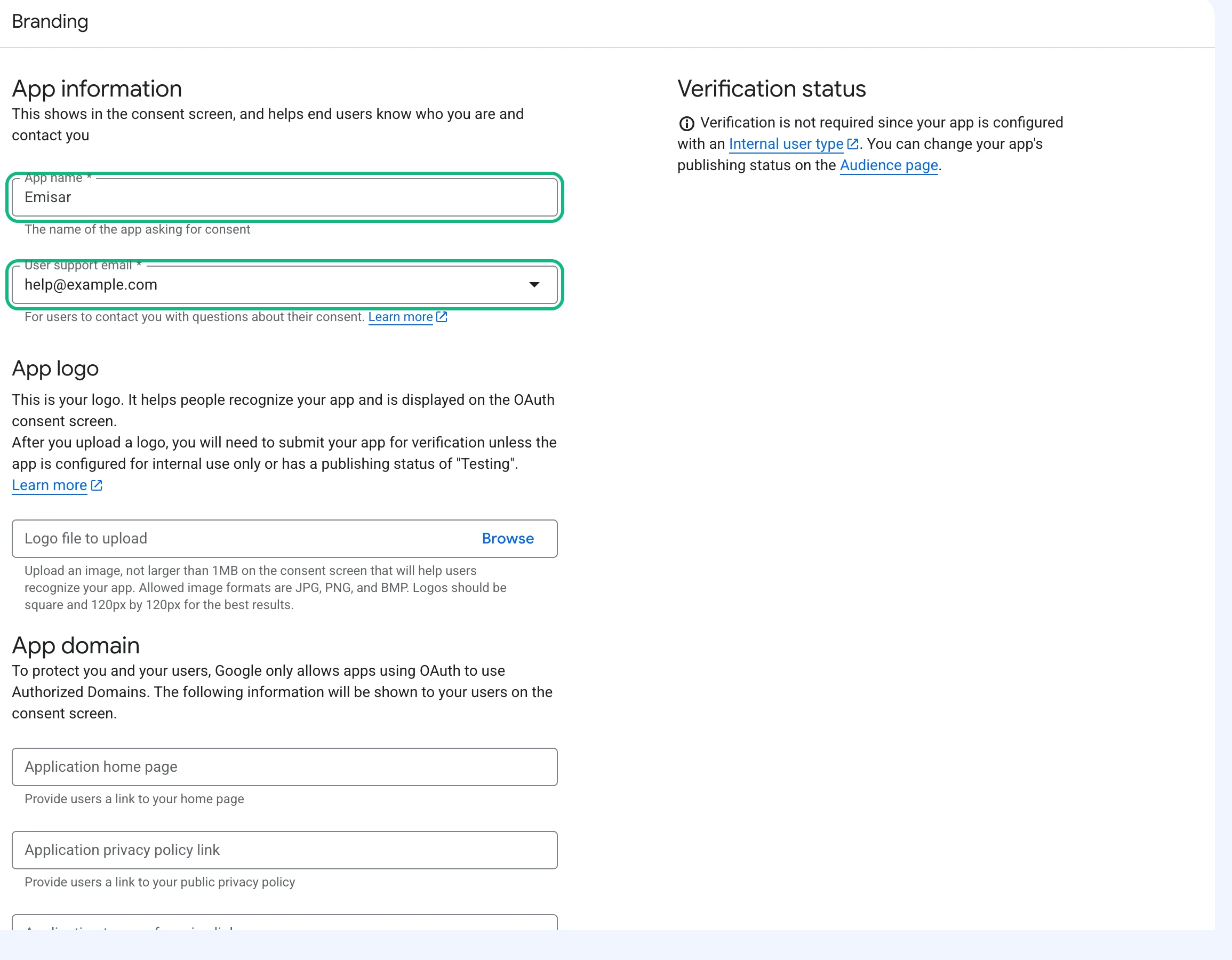 The Branding page of Google Auth Platform with App name and User support email outlined in green, above App logo and App domain sections.