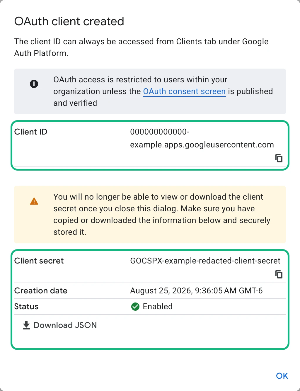 The OAuth client created dialog with Client ID and Client secret each outlined in green, both showing redacted placeholder values, above a warning that the secret cannot be viewed again.