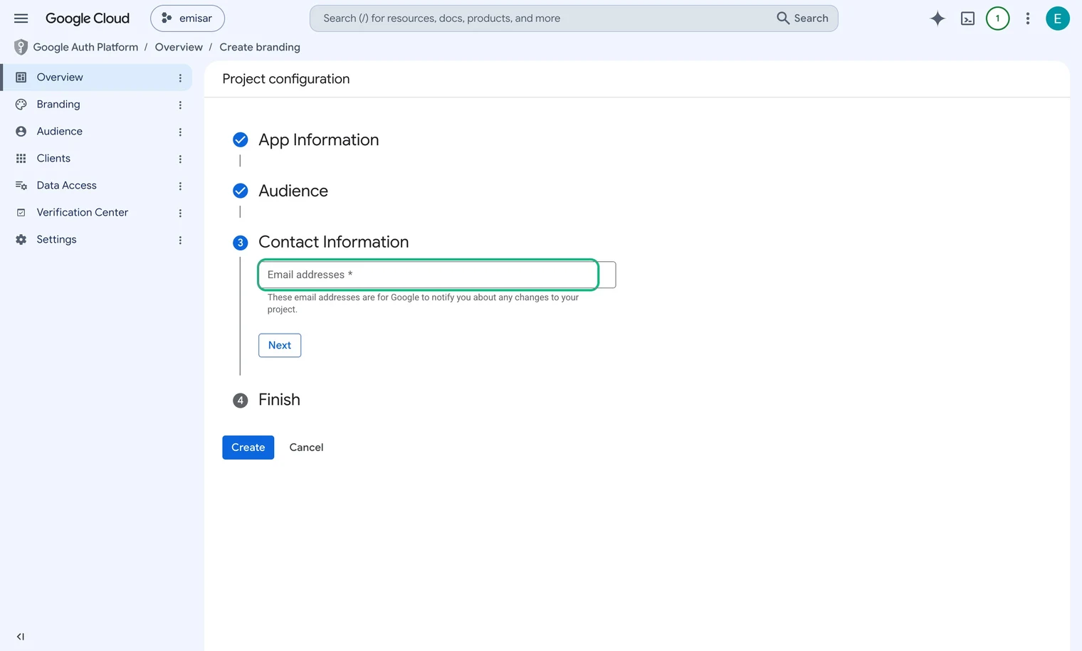 Step 3, Contact Information, of Google's project configuration, with the Email addresses field outlined in green and Finish below it.
