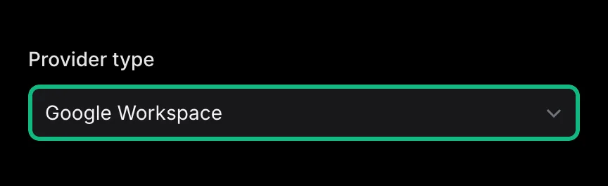 emisar's Add connection form with the Provider type select outlined in green and set to Google Workspace.