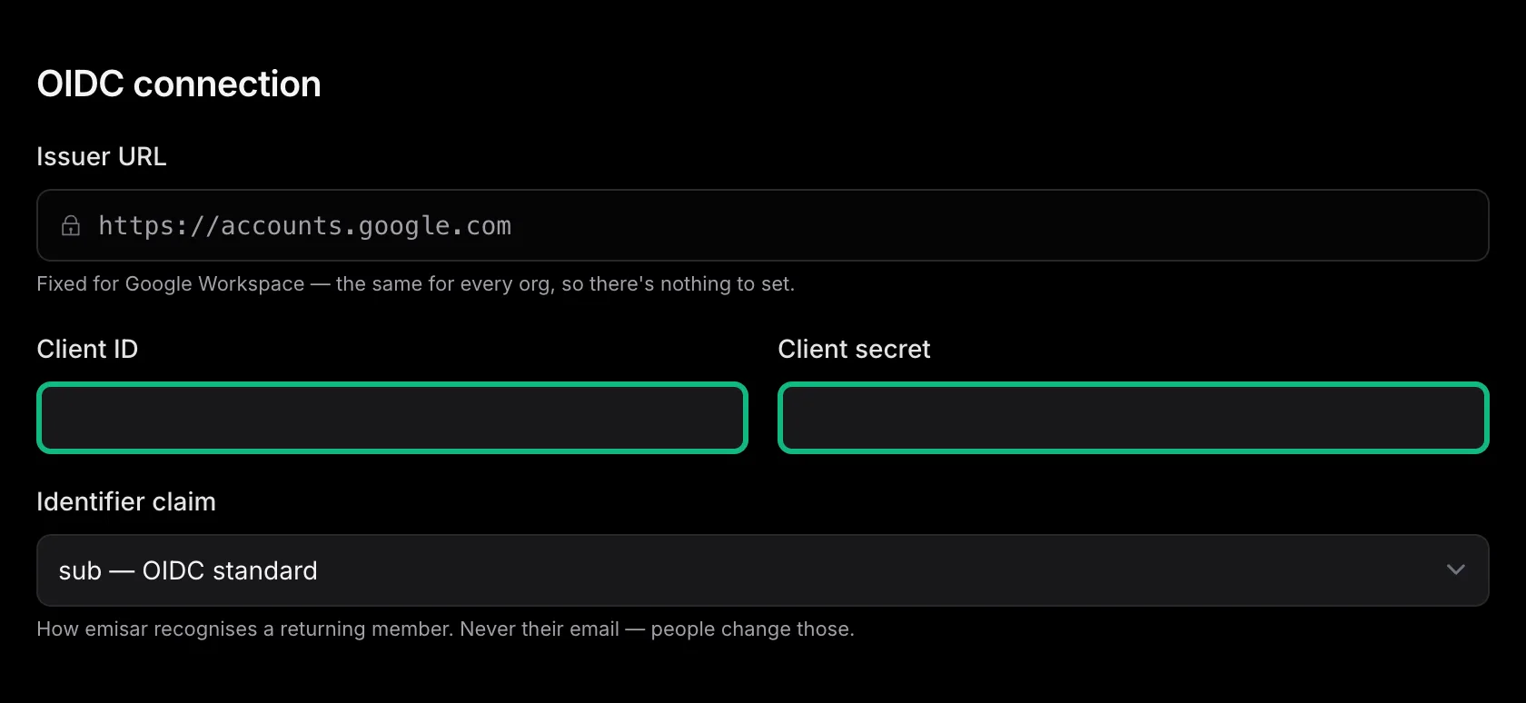 The Google Workspace OIDC fields: a locked Issuer URL showing https://accounts.google.com, highlighted Client ID and Client secret, and Identifier claim set to sub.