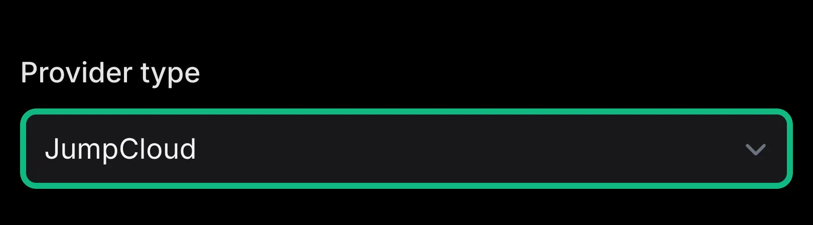 emisar's Add provider form with the Provider type select outlined in green and set to JumpCloud.