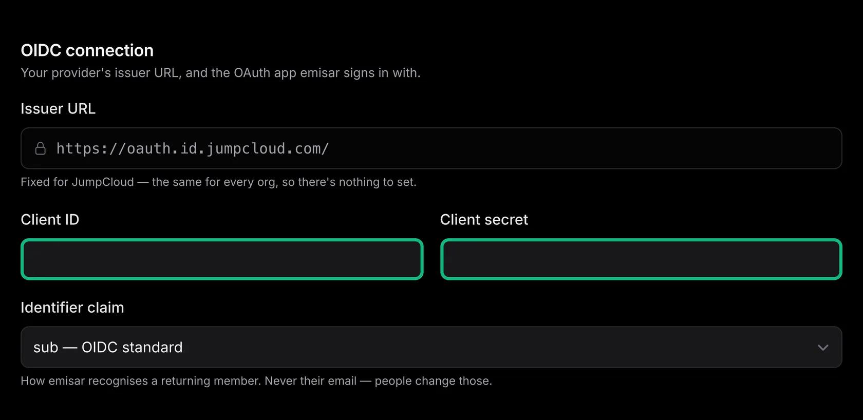 emisar's OIDC connection fields with the Issuer URL locked at https://oauth.id.jumpcloud.com/ behind a padlock, and Client ID and Client secret each outlined in green below it.