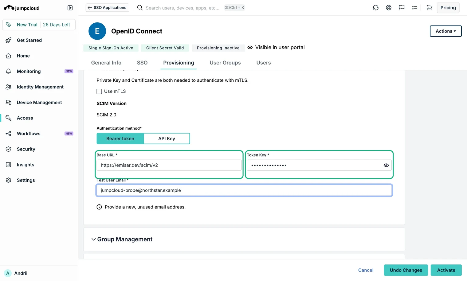 The Provisioning tab of a JumpCloud OIDC application with Authentication method set to Bearer token, and Base URL and Token Key outlined in green.