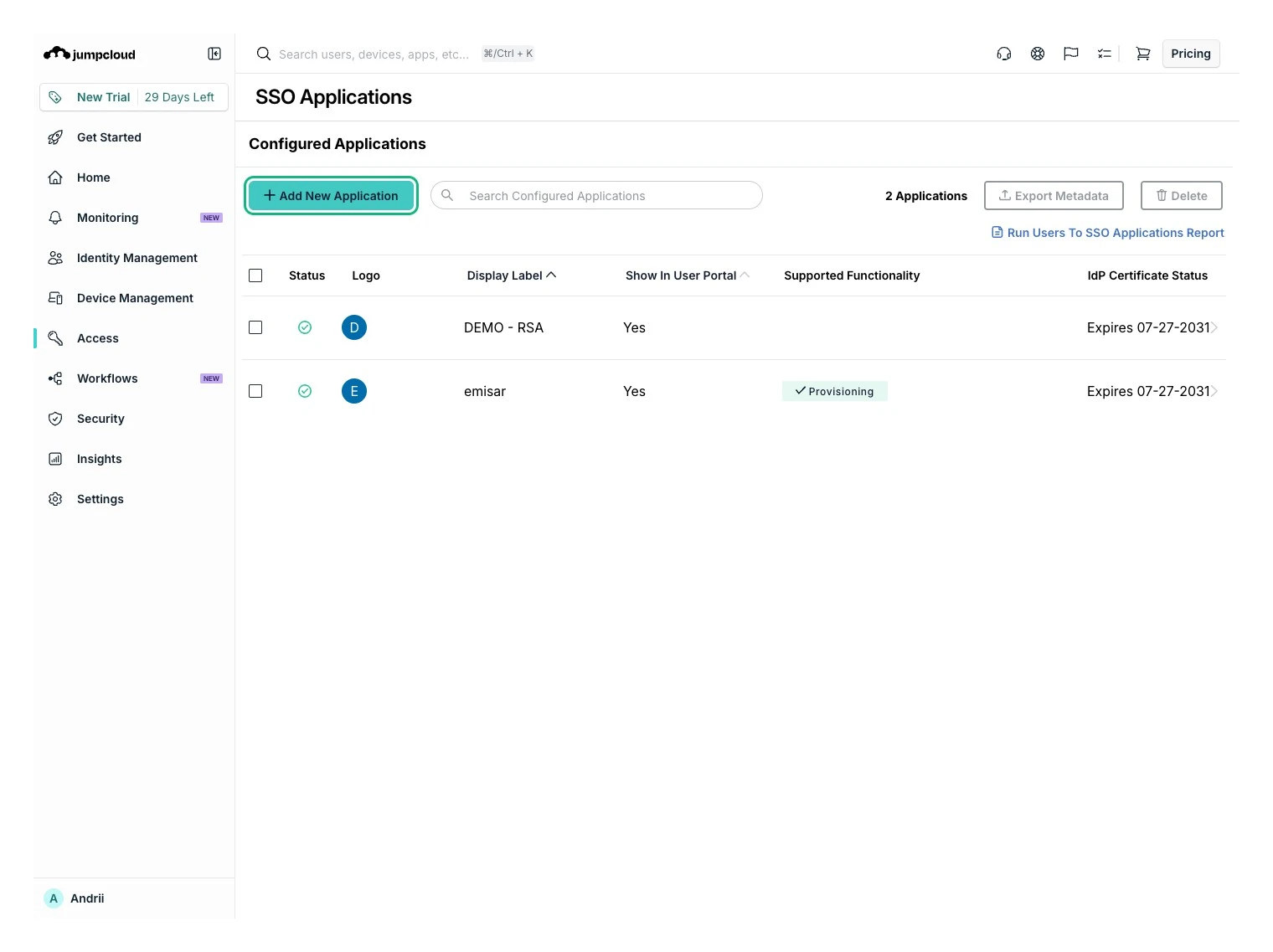 The JumpCloud Admin Portal's SSO Applications page listing two configured applications, DEMO - RSA and emisar, the latter tagged Provisioning under Supported Functionality, with the Add New Application button at the top left outlined in green.