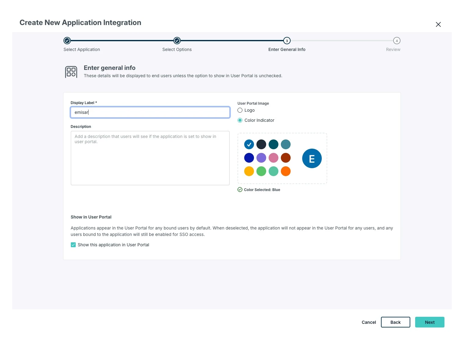 JumpCloud's Enter General Info step with the Display Label field filled in with emisar and focused, an empty optional Description, a Color Indicator picker set to blue, and Show this application in User Portal checked.