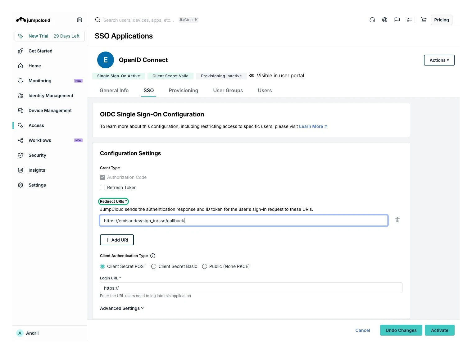 The SSO tab of a JumpCloud OpenID Connect application, with badges reading Single Sign-On Active, Client Secret Valid and Provisioning Inactive, and tabs for General Info, SSO, Provisioning, User Groups and Users. Under Configuration Settings the Authorization Code grant type is checked, the Redirect URIs label is outlined in green above a field containing https://emisar.dev/sign_in/sso/callback, Client Authentication Type is set to Client Secret POST, and an Activate button sits at the bottom right.