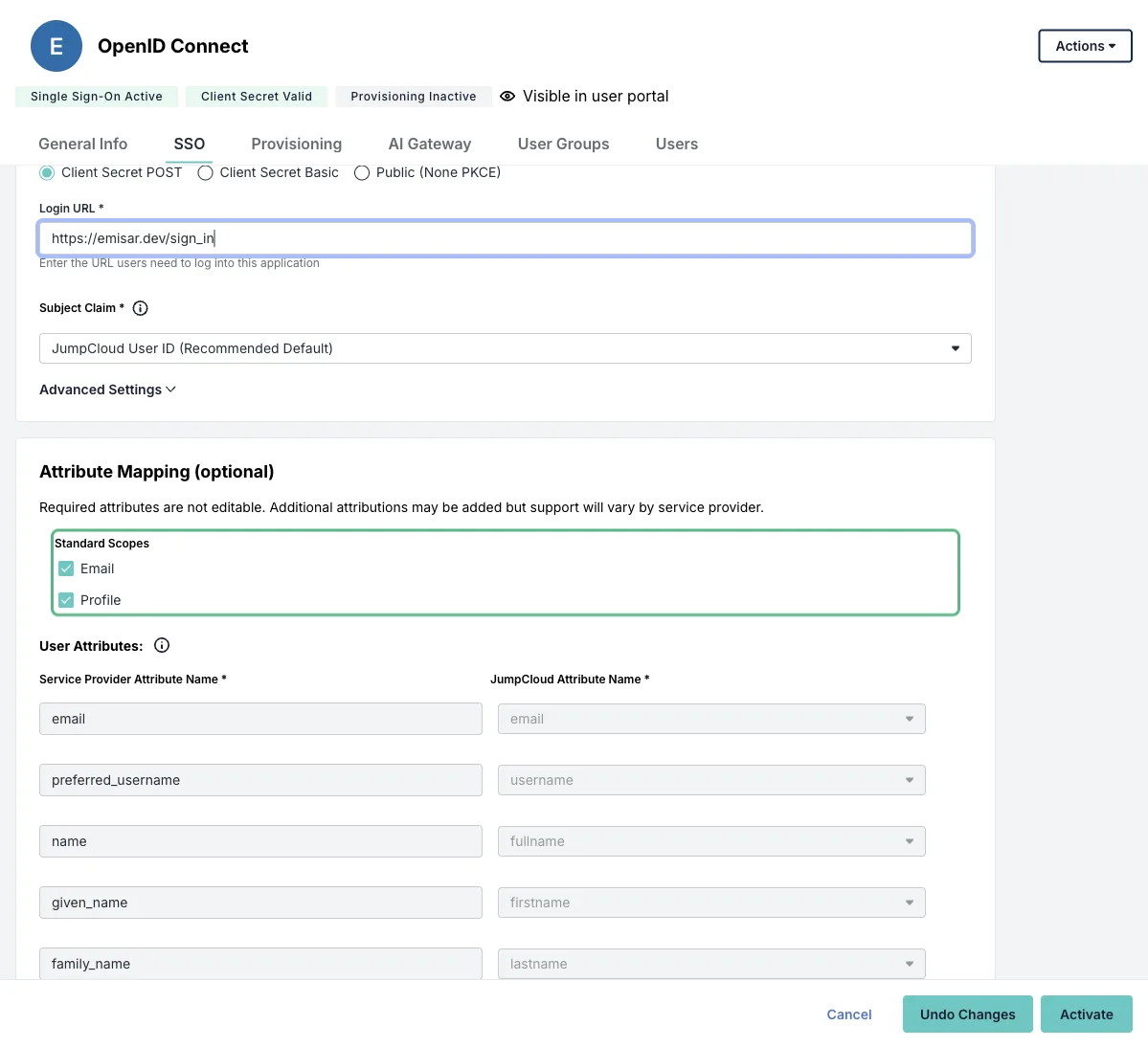 The SSO tab of a JumpCloud OpenID Connect application, with Single Sign-On Active and Provisioning Inactive badges. Under Attribute Mapping, one green outline surrounds the Standard Scopes heading and the selected Email and Profile rows.