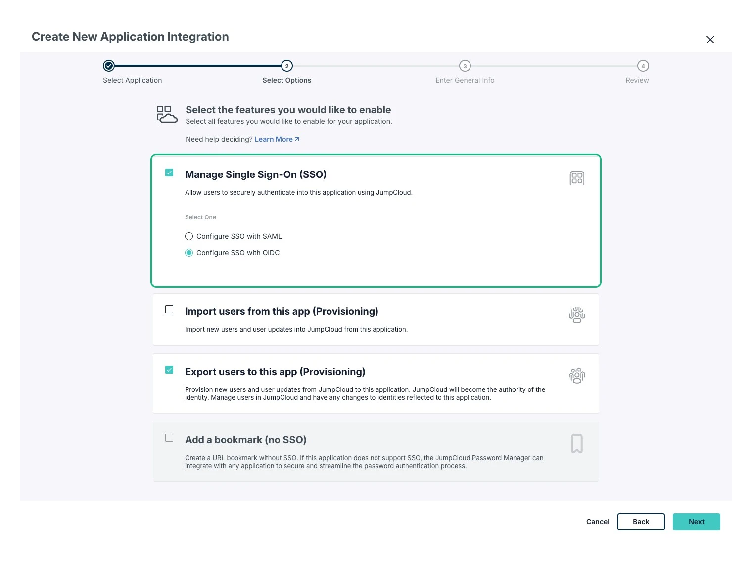JumpCloud's Select Options step with Manage Single Sign-On (SSO) checked and outlined in green, its Select One radio pair showing Configure SSO with OIDC selected rather than the default SAML; Export users to this app (Provisioning) is also checked, Import users from this app and Add a bookmark are unchecked, and the Next button is enabled.