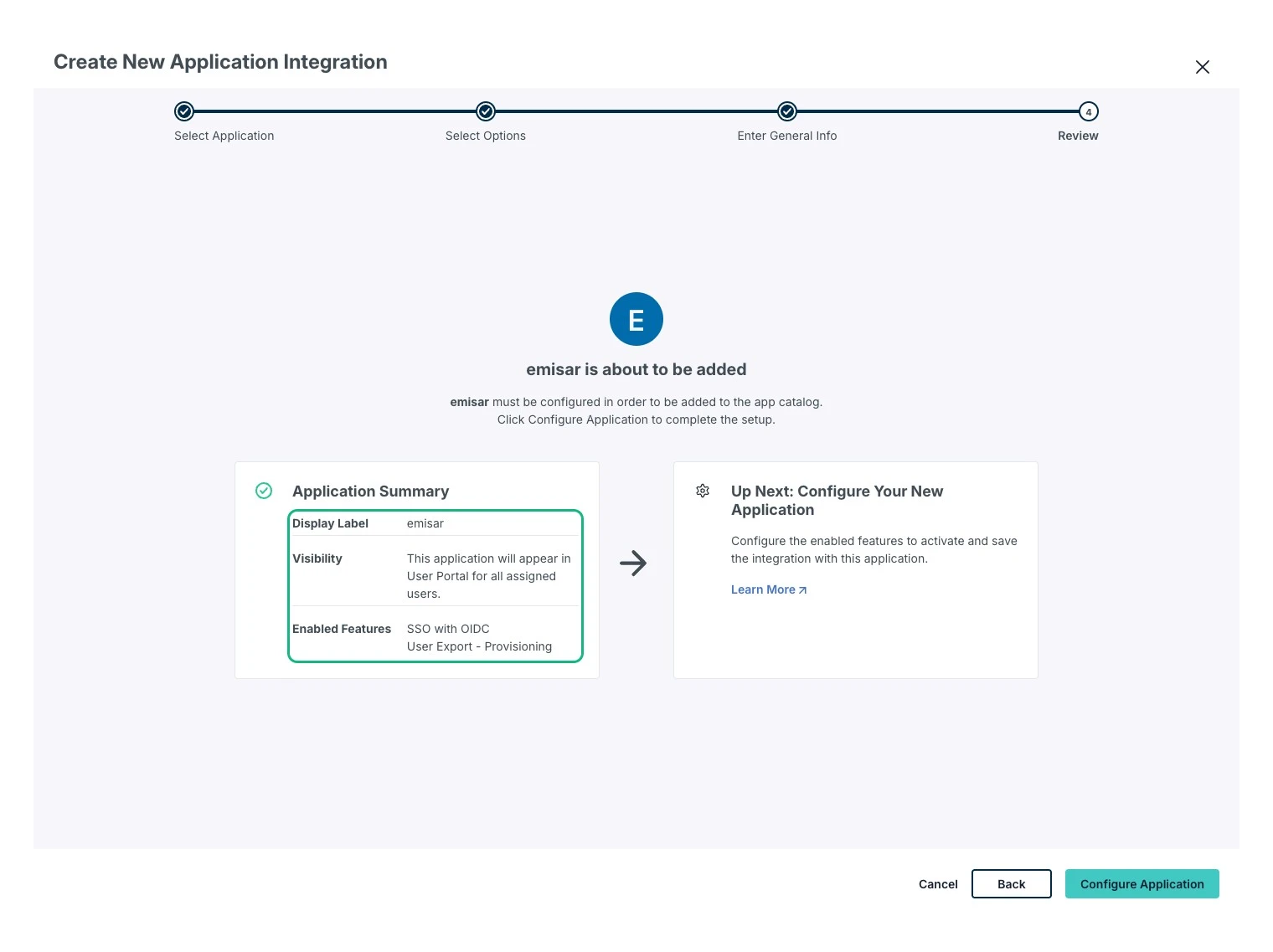 JumpCloud's Review step for an application about to be added, whose Application Summary panel shows Display Label emisar and Enabled Features listing both SSO with OIDC and User Export - Provisioning, outlined in green, beside a Configure Application button.