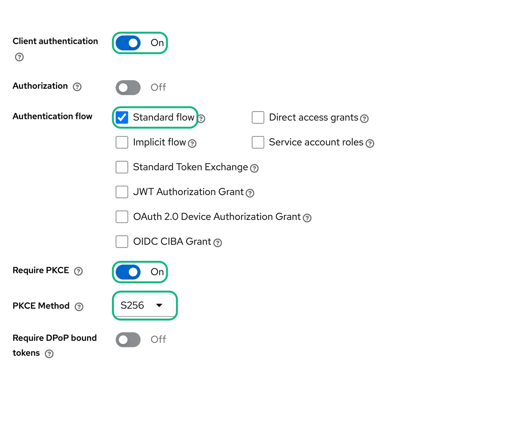 Keycloak's Capability config step with Client authentication, Standard flow, and Require PKCE enabled; all other capabilities and authentication flows are disabled.