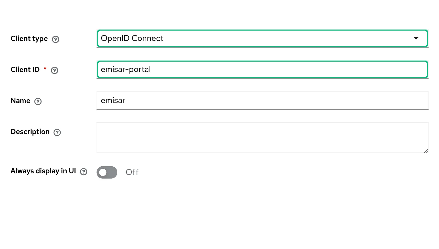 Keycloak's Create client General settings step with OpenID Connect selected, emisar-portal as the client ID, and emisar as the name.