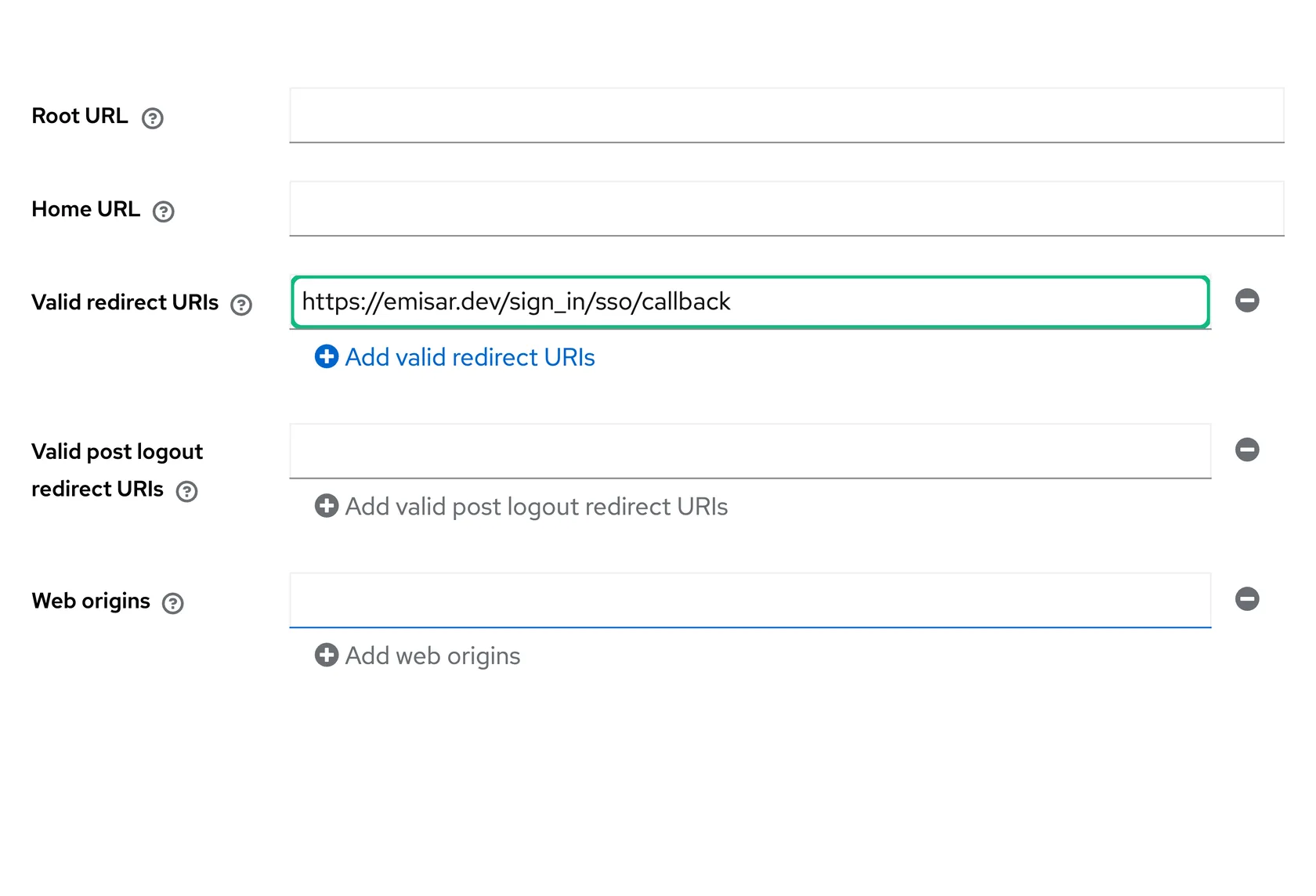 Keycloak's Login settings step with https://emisar.dev/sign_in/sso/callback entered as the sole Valid redirect URI and no wildcard.