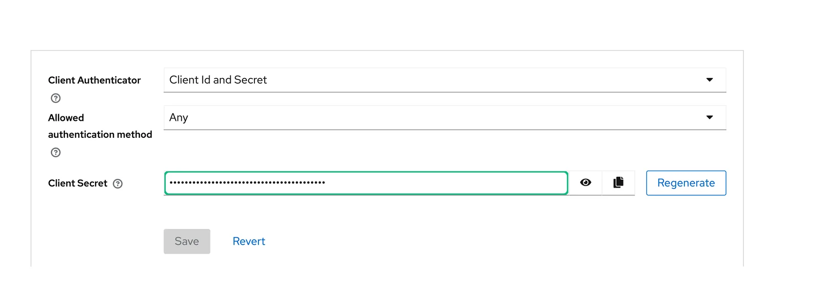 The Keycloak Credentials tab for emisar-portal with Client Id and Secret selected and the client secret hidden behind password dots.