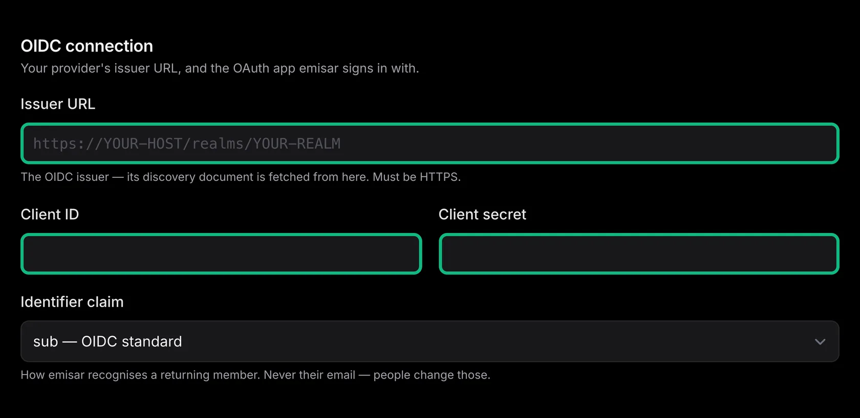 emisar's OIDC connection fields with Issuer URL, Client ID and Client secret each outlined in green, and the Issuer URL placeholder showing https://YOUR-HOST/realms/YOUR-REALM.