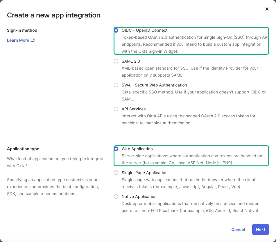 Okta's Create a new app integration dialog with OIDC - OpenID Connect selected among the sign-in methods and outlined in green together with its description, which reveals an Application type section below where Web Application is selected and likewise outlined rather than Single-Page or Native Application.