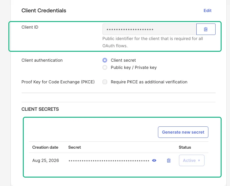 The Okta app's General tab showing Client Credentials, with the Client ID row and the Client secrets table each outlined in green as the two values to copy: the Client ID with a copy button, Client authentication set to Client secret rather than public key, PKCE unchecked, and a masked client secret with its creation date and Active status.