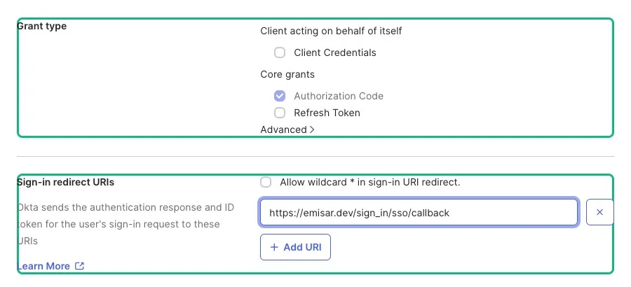 Okta's New Web App Integration form with the Grant type block and the Sign-in redirect URIs block each outlined in green: app integration name emisar, Authorization Code ticked under Core grants, https://emisar.dev/sign_in/sso/callback as the only sign-in redirect URI, the allow-wildcard box unchecked, and an empty sign-out redirect URI field.