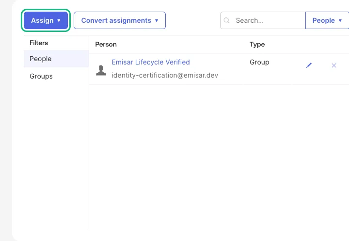 The Assignments tab of the emisar directory sync application in Okta, with the Assign dropdown outlined in green and one assigned certification user listed below it.