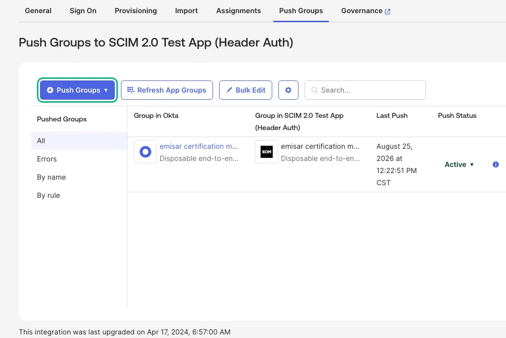 The Push Groups tab of the emisar directory sync application in Okta, with the Push Groups action outlined in green and one certification group listed with Push Status Active.