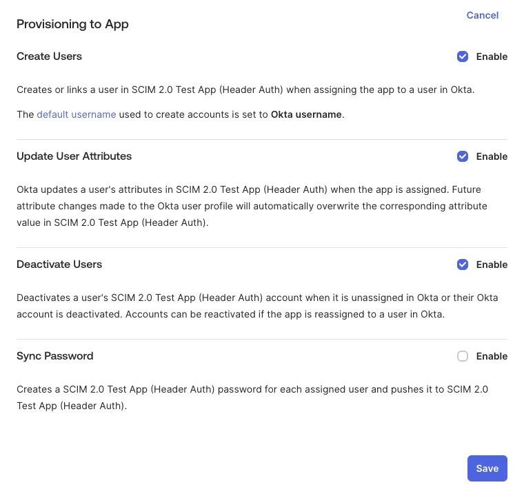 Okta's Provisioning to App settings in edit mode with Create Users, Update User Attributes and Deactivate Users all enabled, and Sync Password left off.