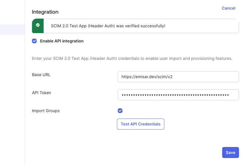 Okta's SCIM API integration form after a successful live test, with a green verified-success message, the emisar SCIM base URL filled, the API Token masked, and Import Groups enabled.