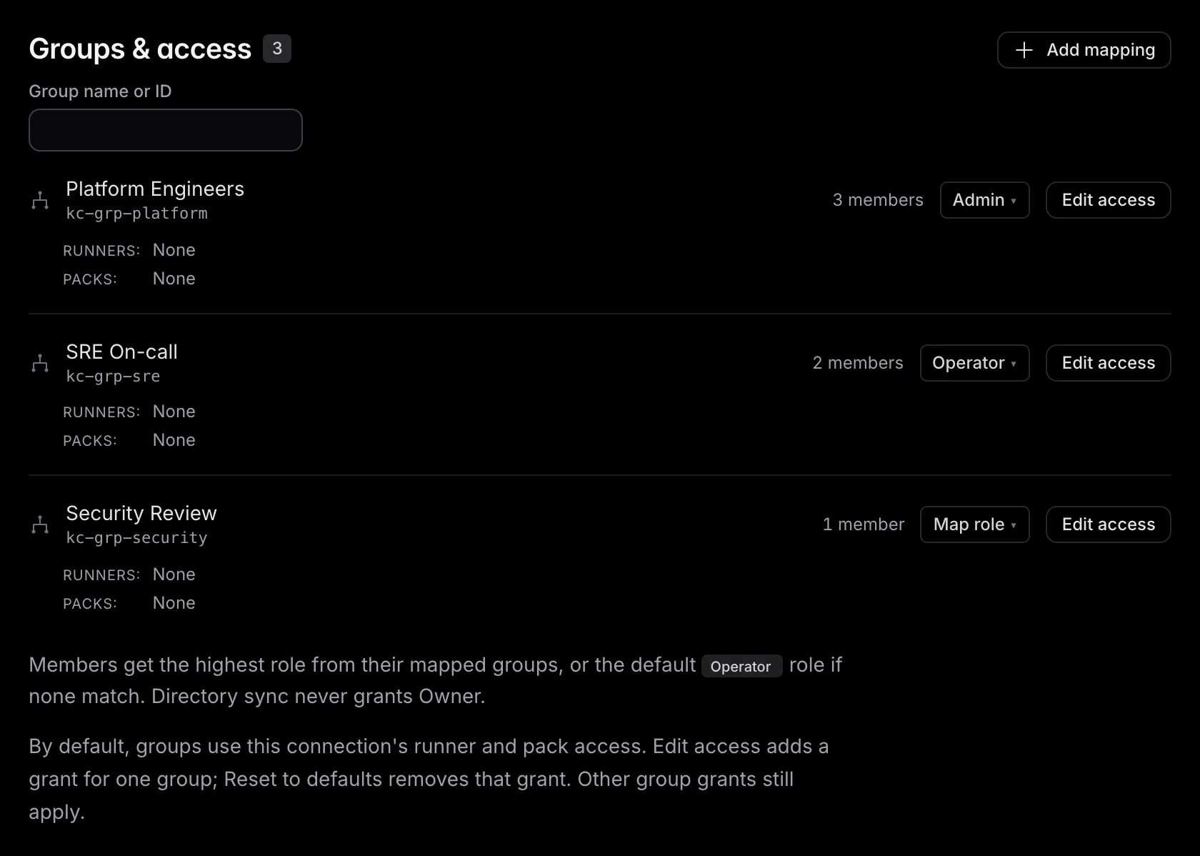 Groups and access lists each directory group with its member count, an in-place role dropdown, runner and pack access, and Edit access. Add mapping is above the list.