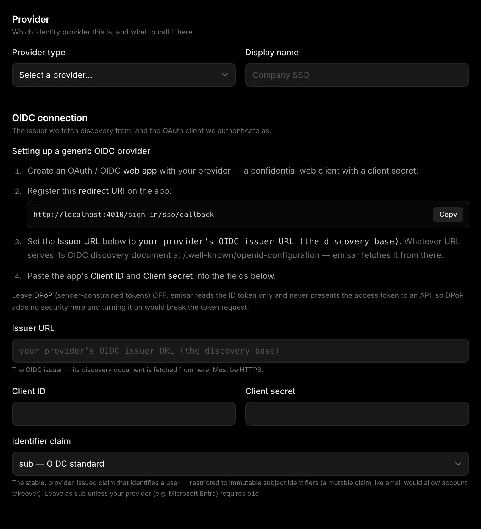 The emisar Add-connection form: a Provider type dropdown and display name, then the OIDC connection section — a step-by-step setup guide with the fixed redirect URI to register (and a Copy button), and fields for the Issuer URL, Client ID, Client secret, and the identifier claim (sub by default).