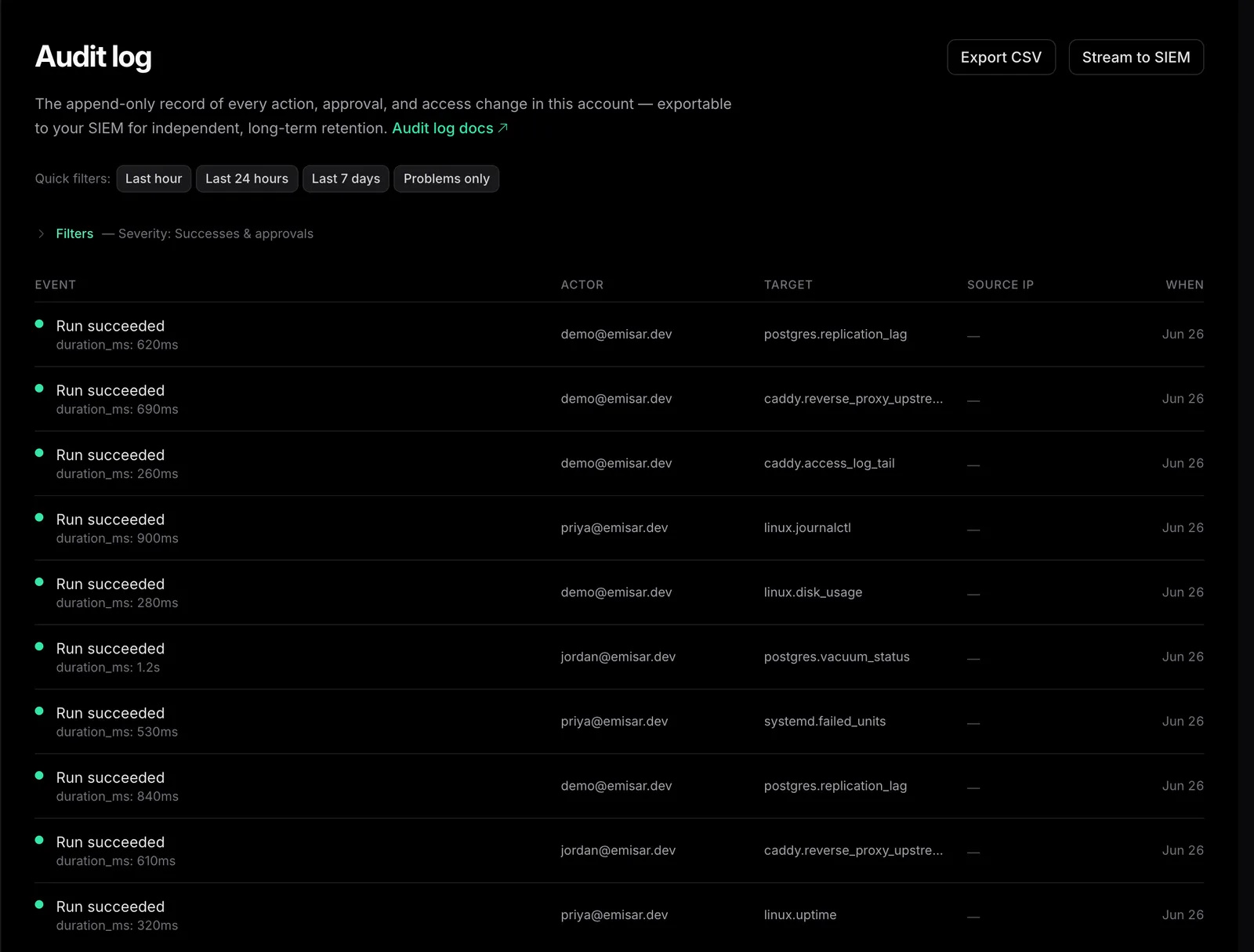 The emisar audit log filtered to successful runs, showing the actor, action target, source IP, and time for each run.