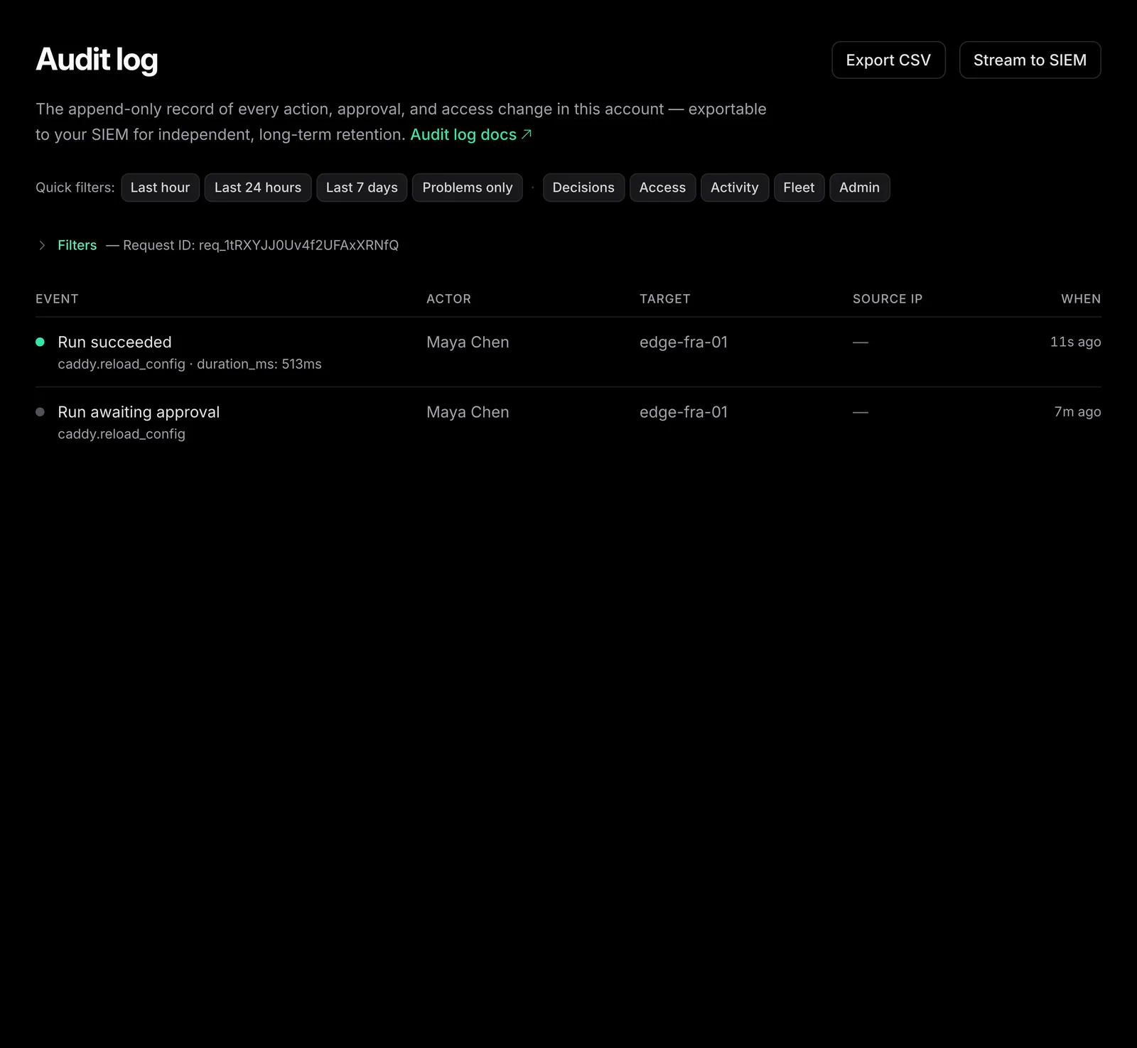 The audit log opened from View activity, pre-filtered to this dispatch's request-id trace: Run succeeded and Run awaiting approval for caddy.reload_config on edge-fra-01.
