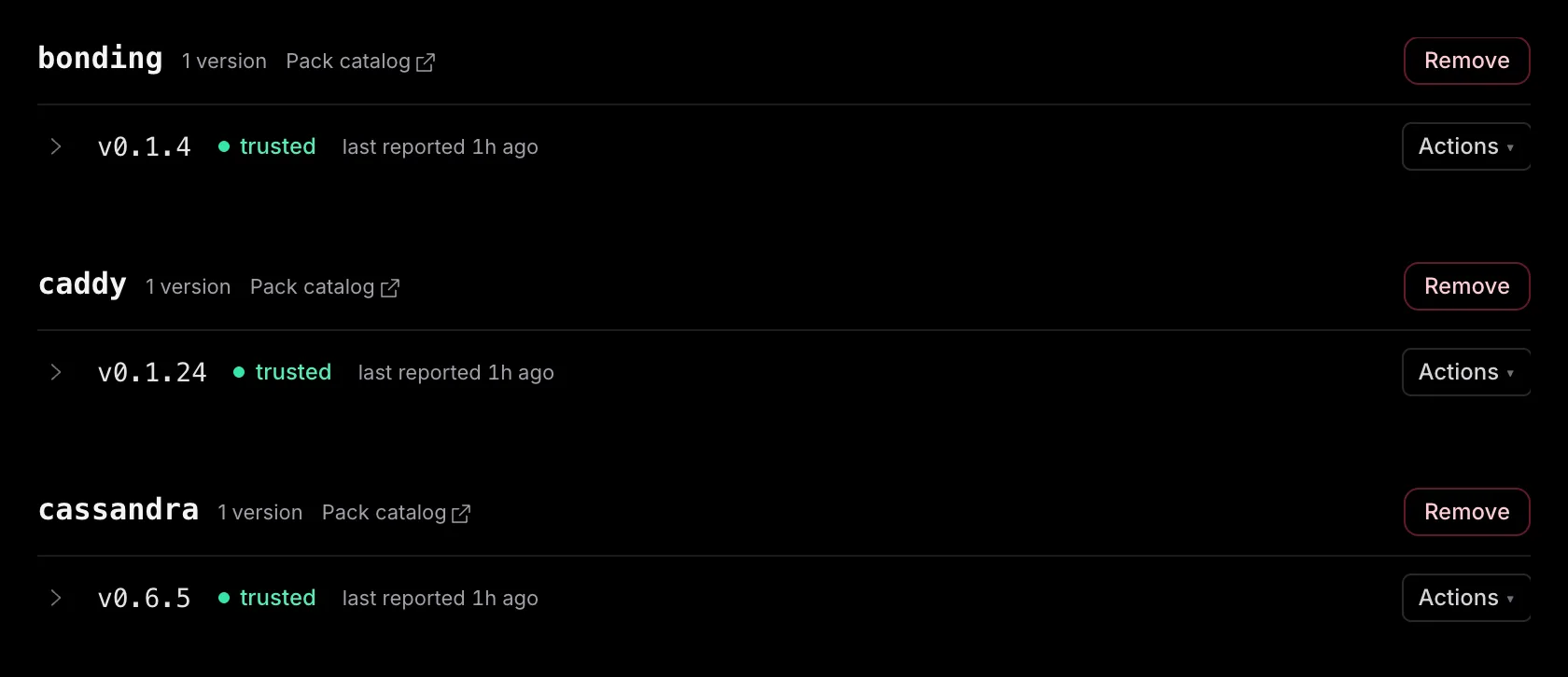 The Packs page showing collapsed bonding, caddy, and cassandra rows, each with its reported version, trusted status and last report.
