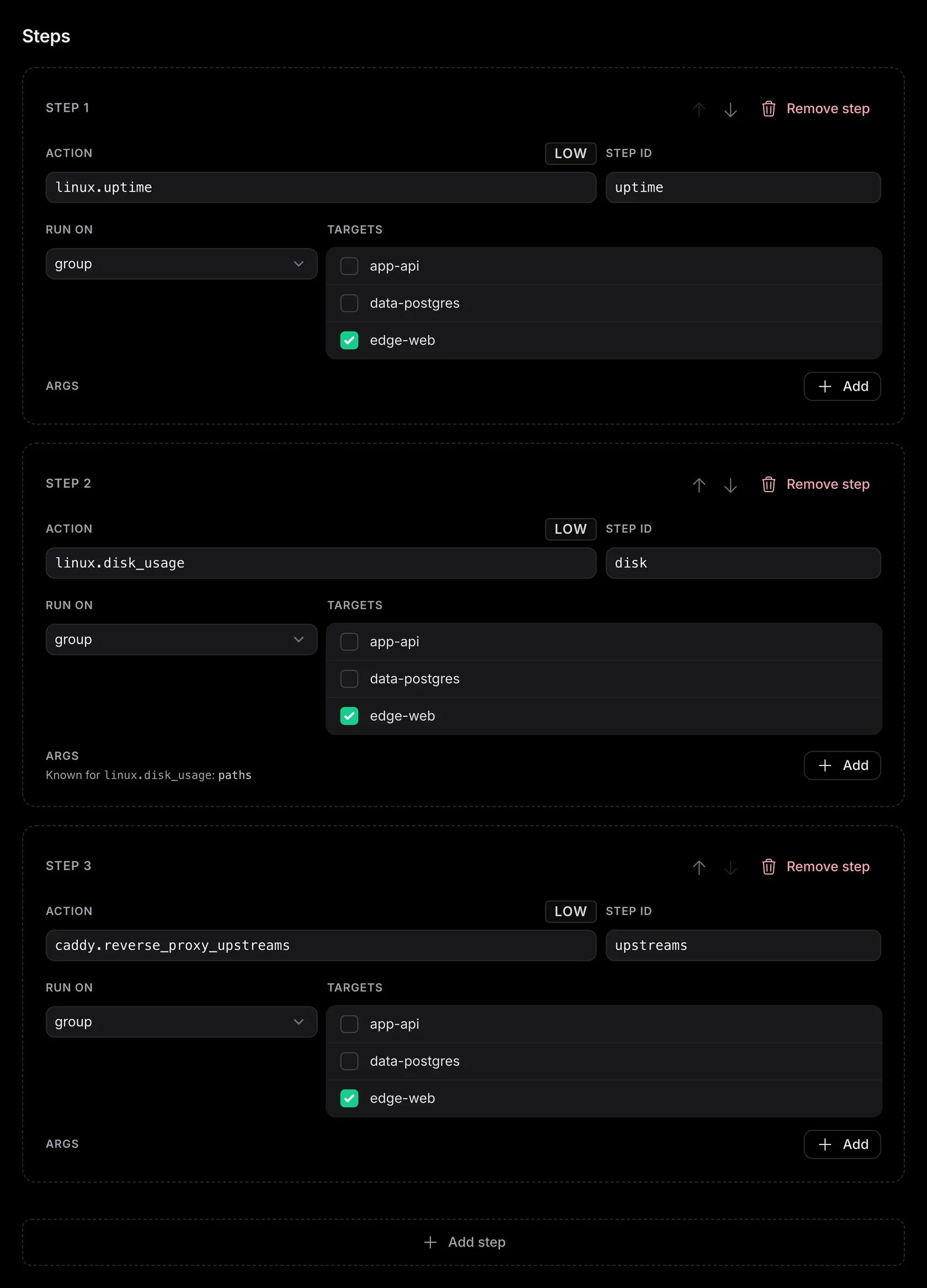 The Runbooks page: saved, versioned action sequences an operator or LLM can run, each step policy-gated and audited.