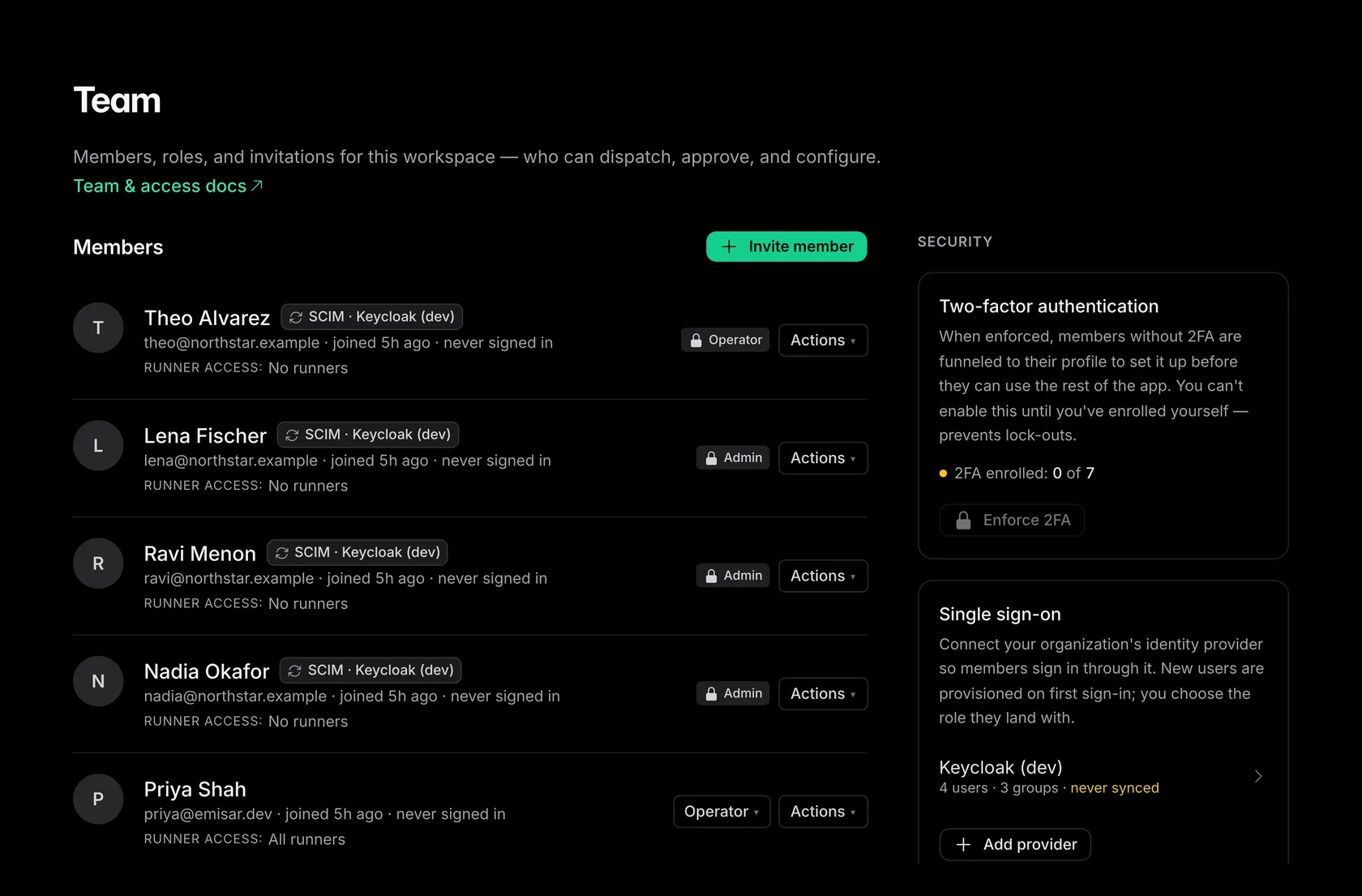 The desktop Team page: the member roster — each member with their role (owner, admin, operator, viewer), their runner scope (all runners, or a specific group), and a badge on members provisioned and role-synced through SCIM — beside the Security panel with 2FA enforcement and single sign-on.